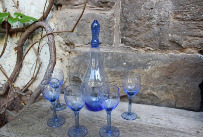 6 tlg. Likörset Karaffe 5 Gläser blaues Kristallglas Vintage 50er Jahre