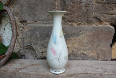 Vase cremeweiß Blumendekor Goldrand 23 cm Bavaria Porzellan Vintage 50er Jahre West Germany