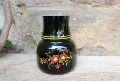 Vase Hyalithglas Schwarzglas Emaillefarben Handbemalt 50er 60er Jahre DDR GDR