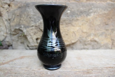 Vase Hyalithglas Schwarzglas Souvenir Heringsdorf Emaillefarben Handbemalt 50er Jahre DDR GDR