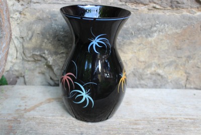 Vase Hyalithglas Schwarzglas Emaillefarben Handbemalt 50er Jahre DDR GDR