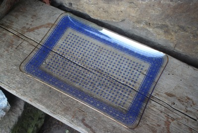 Kuchenplatte Servierteller blaues Dekor Servierplatte Glasteller Glaswerke Olbernhau DDR