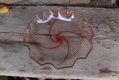 Gebäckschale Obstschale Wellenrand rotes Streifendekor Glaswerke Olbernhau 70er Jahre DDR