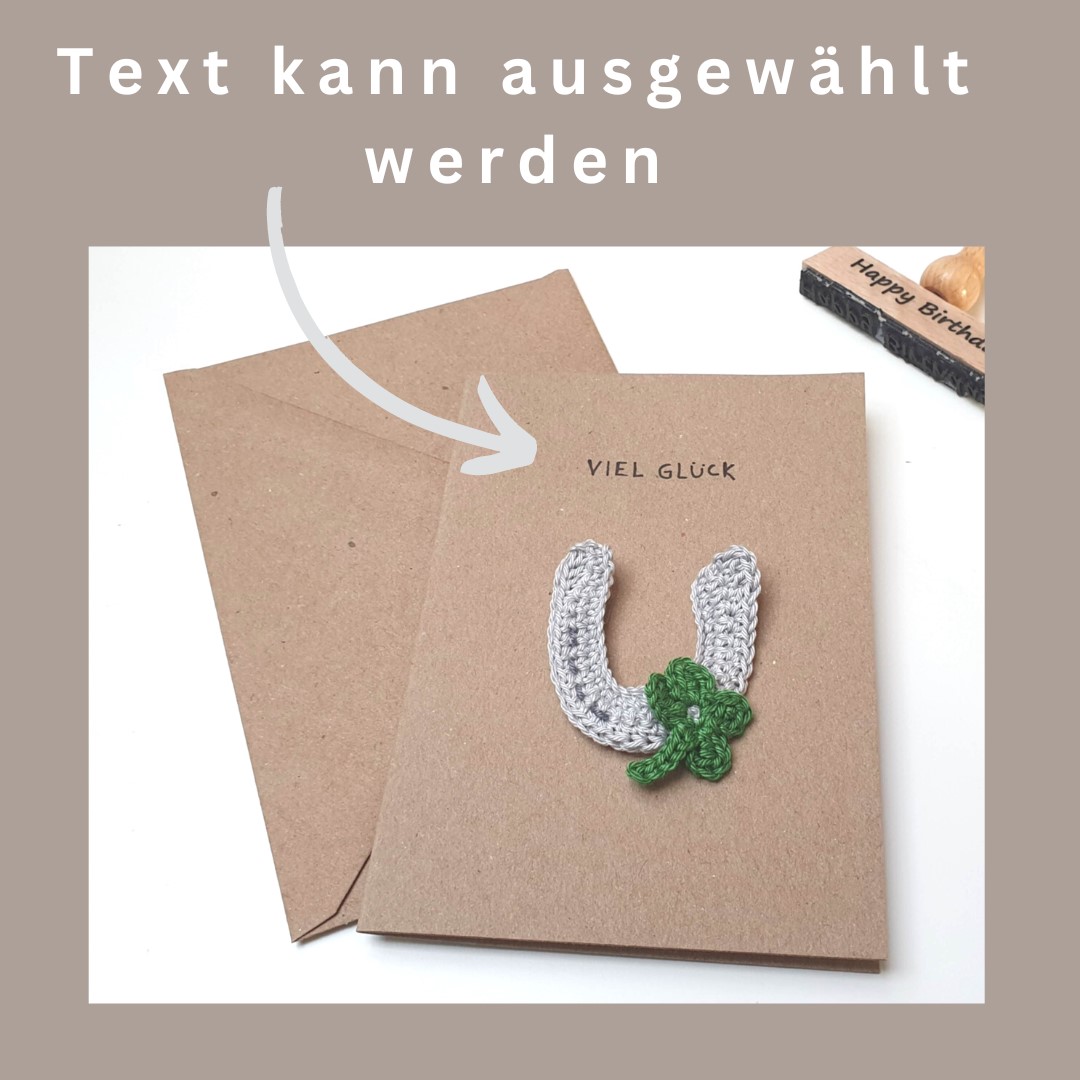 Handgemachte Glückwunschkarte mit gehäkeltem Hufeisen-Kleeblatt-Motiv 4