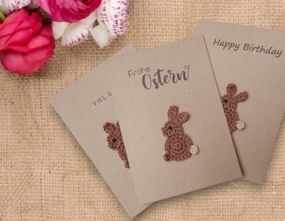 Handgemachte Oster- oder Geburtstagskarte mit Häkel-Hase für Kinder - Besondere Glückwunschkarte
