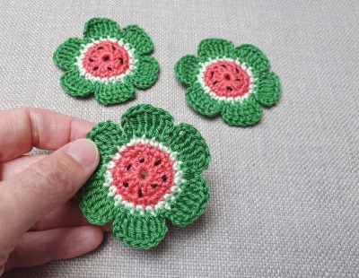 3er Set handgemachte Häkelblumen aus Baumwolle - Sommerliche Wassermelonenblumen - Perfekt als