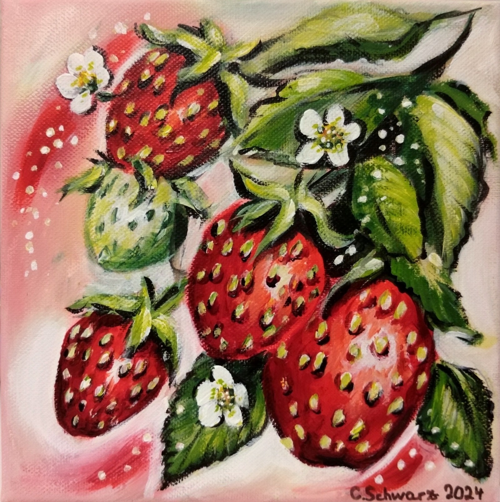 ERDBEEREN - gemaltes Erdbeerbild auf Leinwand 20cmx20cm von Christiane Schwarz 6