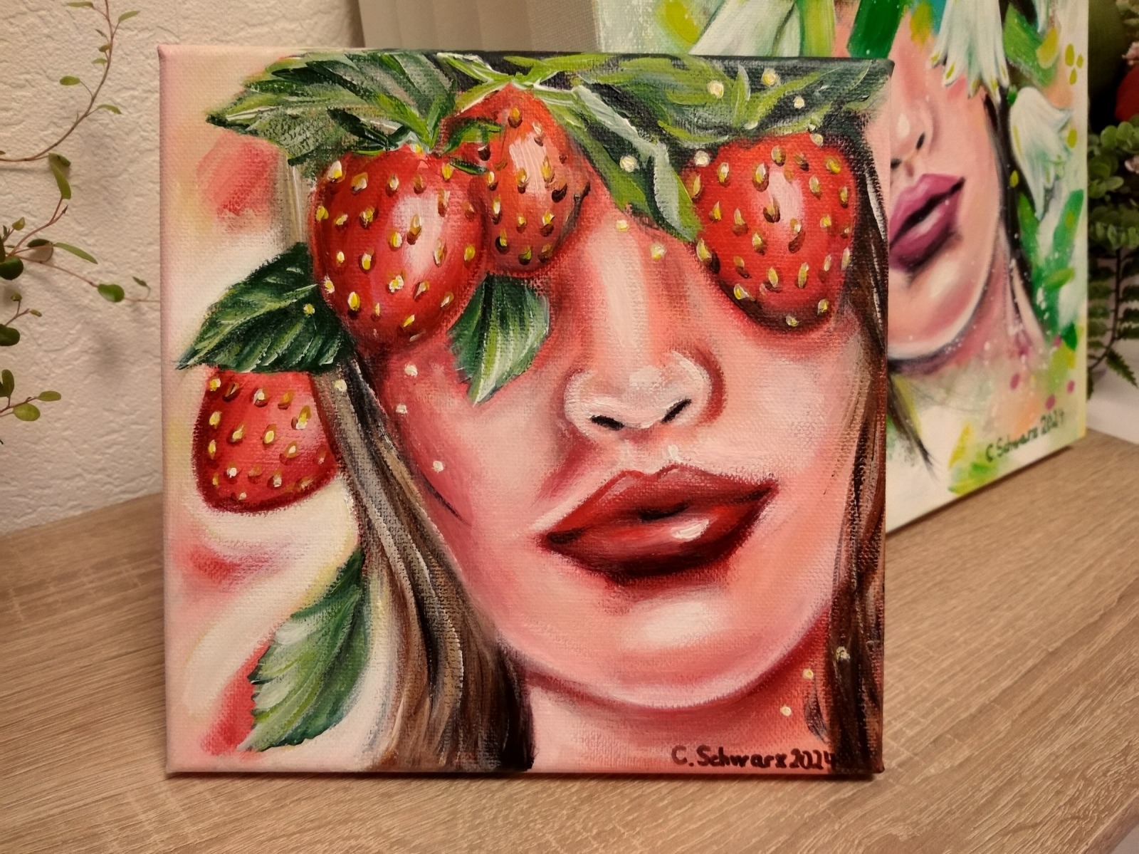 ERDBEERMÄDCHEN - gemaltes Frauenportrait mit Erdbeeren auf Leinwand 20cmx20cm von Christiane