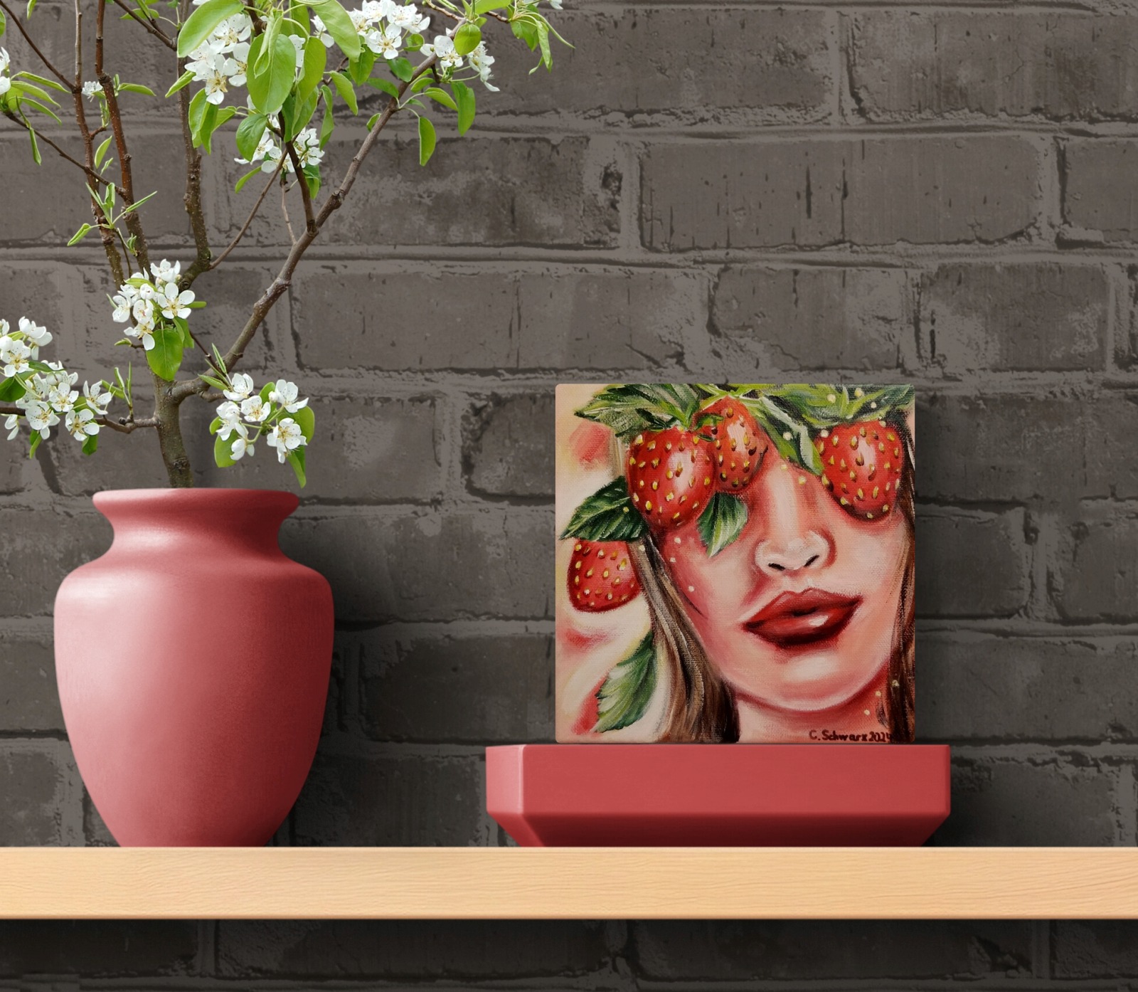 ERDBEERMÄDCHEN - gemaltes Frauenportrait mit Erdbeeren auf Leinwand 20cmx20cm von Christiane