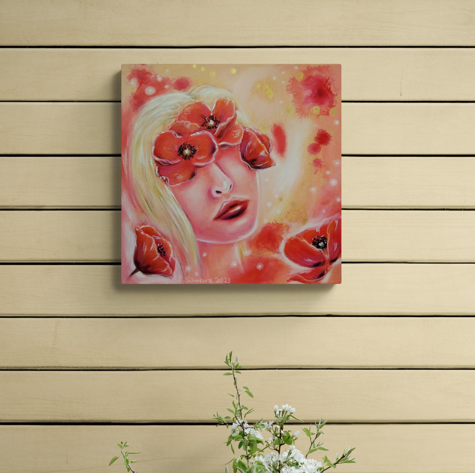 FEURIGER KLATSCHMOHN - surrealistisches Frauenporträt mit Mohnblumen auf Leinwand 40cmx40cm 4