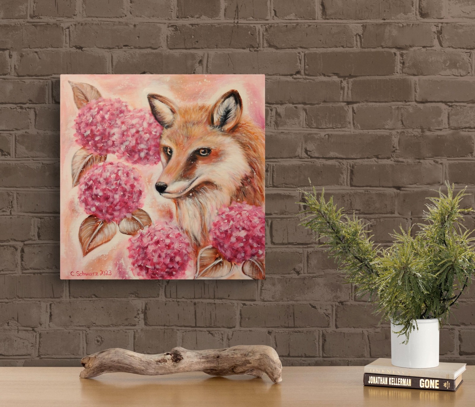 FUCHS MIT HORTENSIEN - Fuchsportrait mit Hortensienblüten auf Leinwand 50cmx50cmx3,7cm