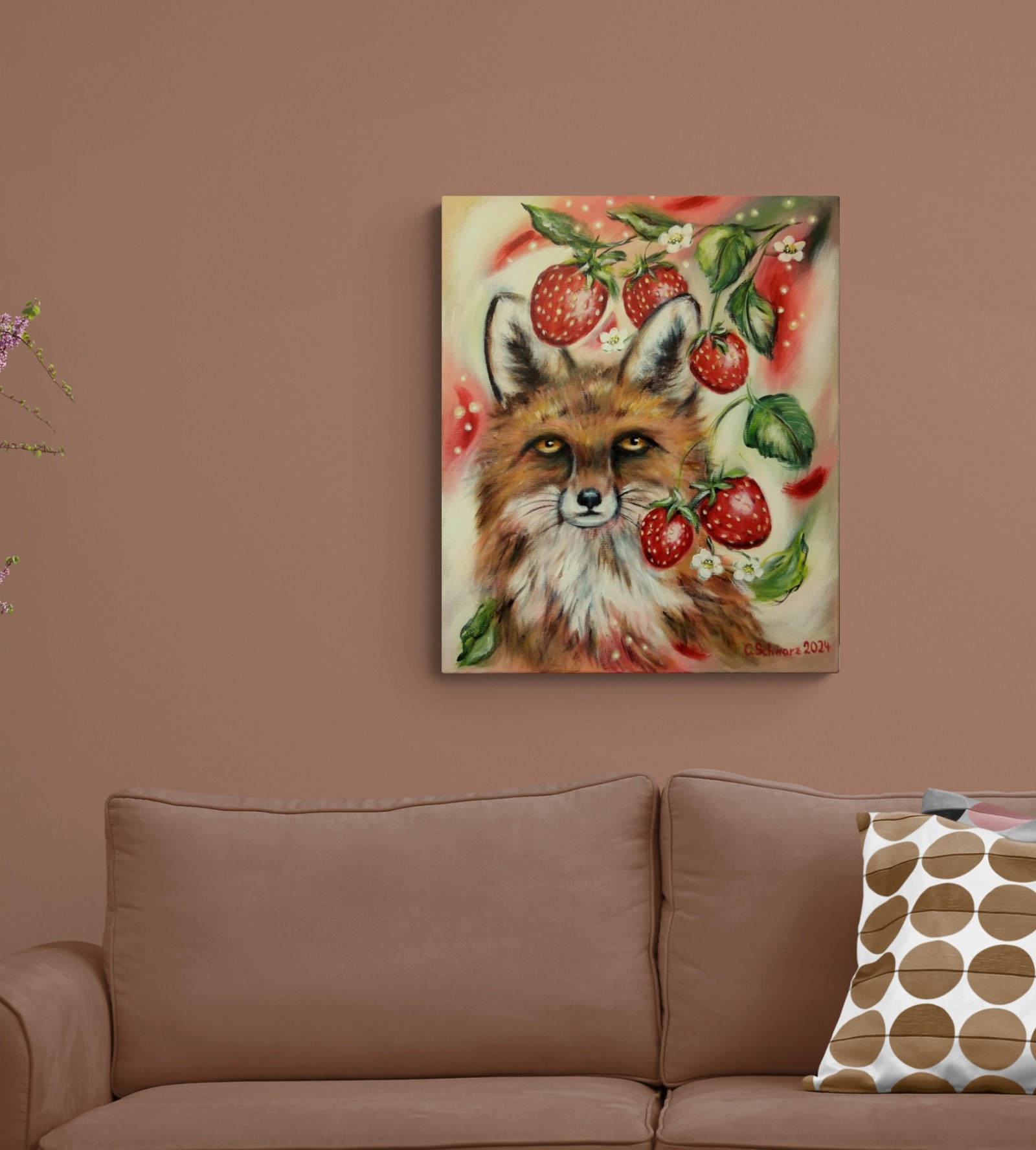 FUCHSTRÄUME - gemaltes Fuchsbild mit Erdbeeren auf Leinwand 50cmx60cm von Christiane Schwarz 4