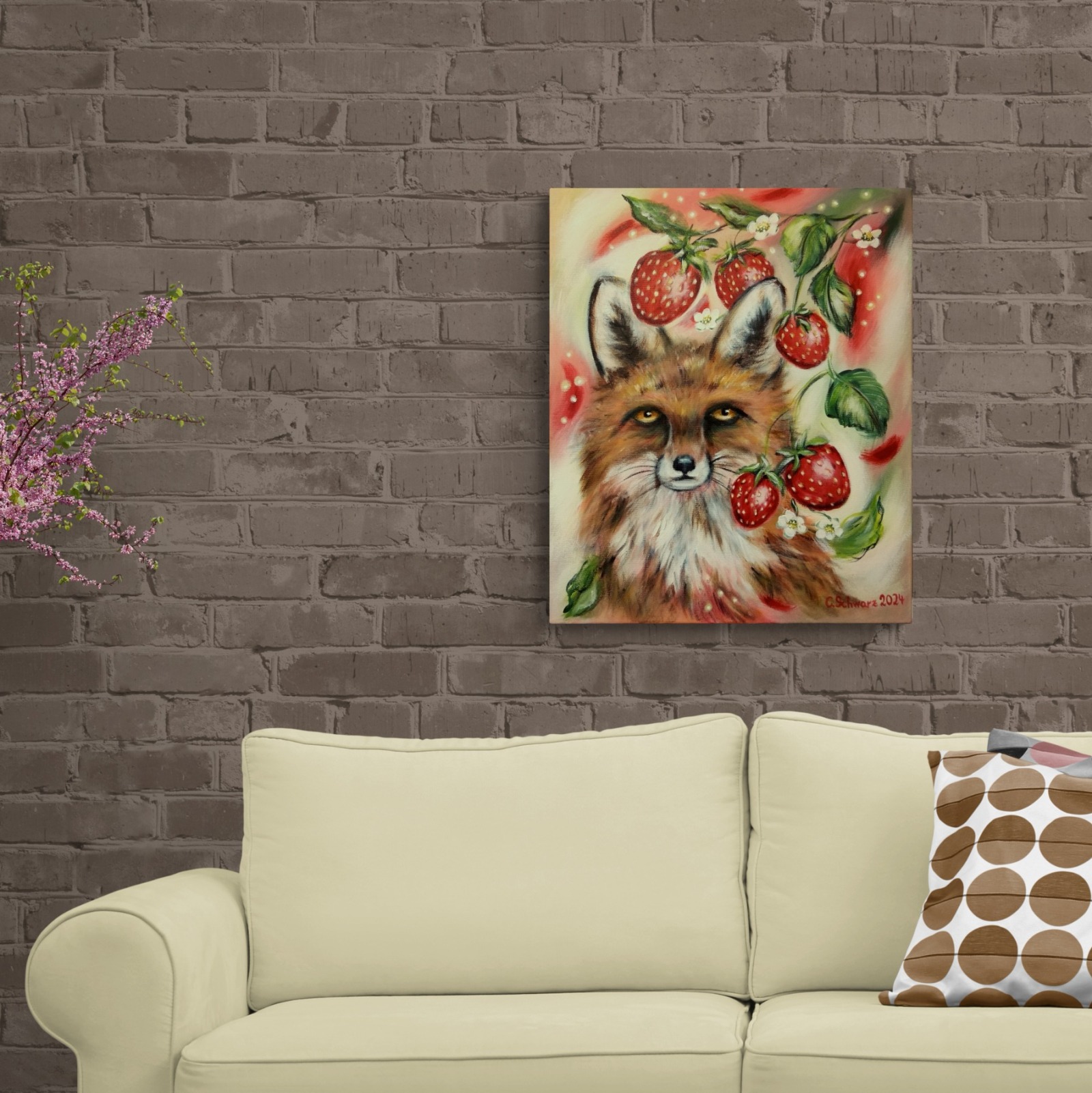 FUCHSTRÄUME - gemaltes Fuchsbild mit Erdbeeren auf Leinwand 50cmx60cm von Christiane Schwarz