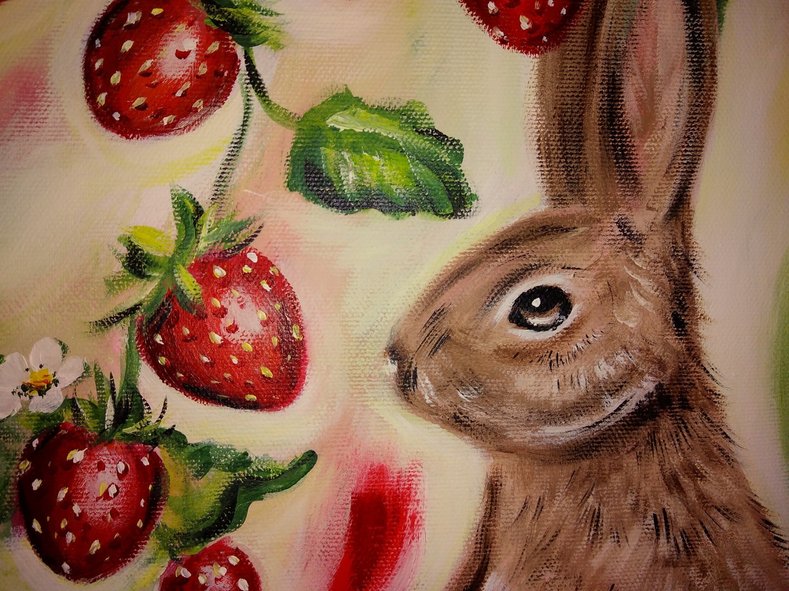 HASE MIT ERDBEEREN - gemaltes Hasenbild mit Erdbeeren auf Leinwand 40cmx50cm von Christiane Schwarz