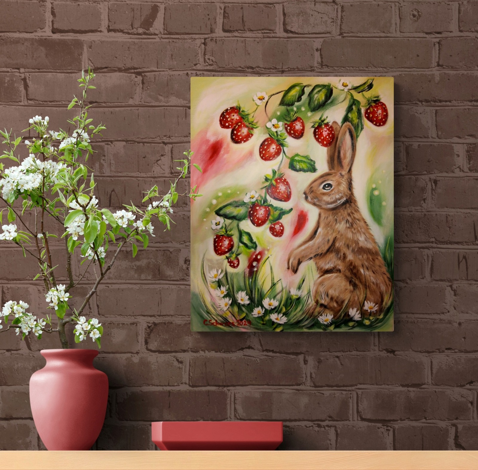 HASE MIT ERDBEEREN - gemaltes Hasenbild mit Erdbeeren auf Leinwand 40cmx50cm von Christiane Schwarz