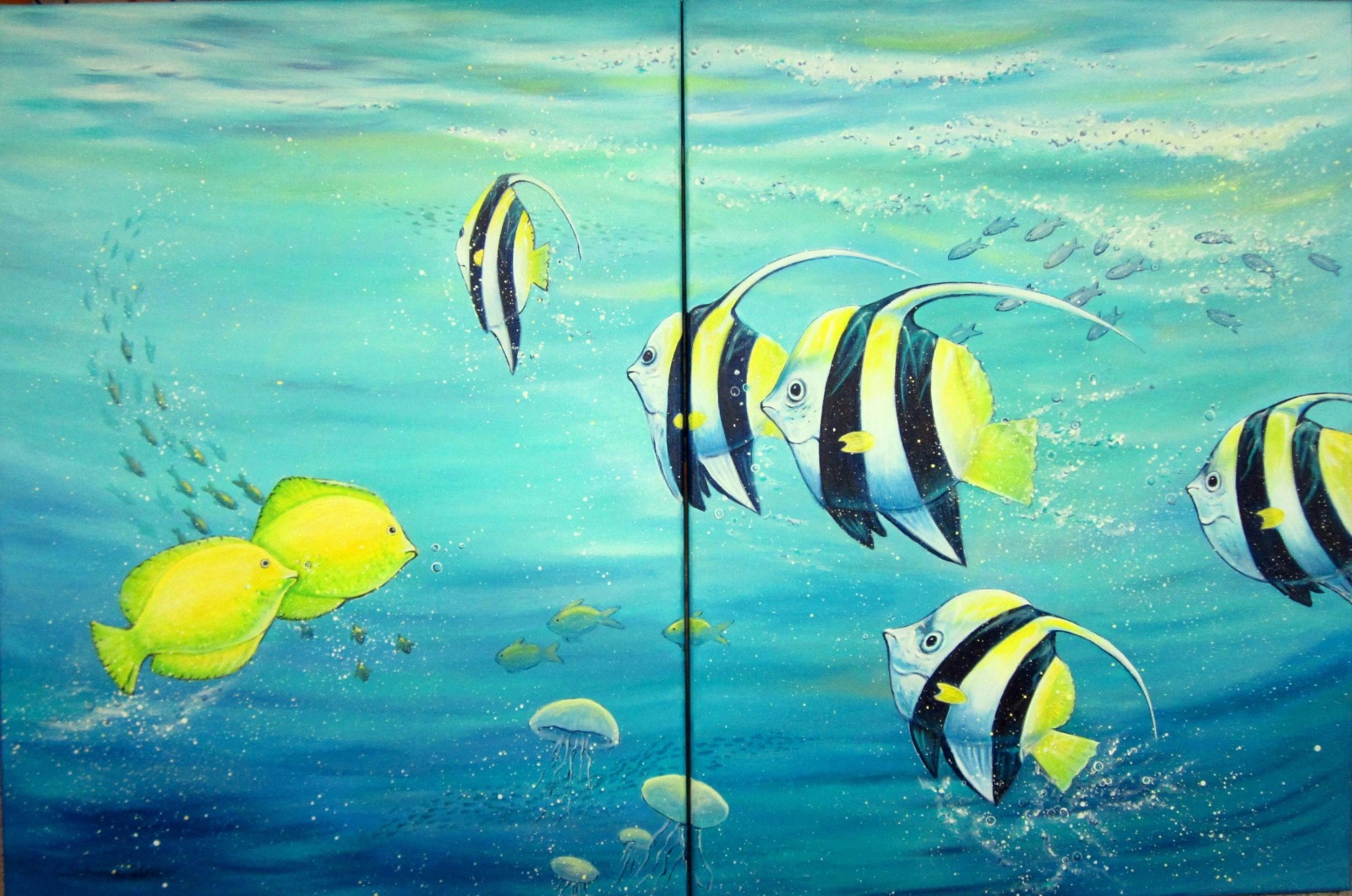 Original Acrylgemälde TROPICAL FISHES - Kunst Riff Fische gemalt Bild Deko Leinwandbild 2-teilig -