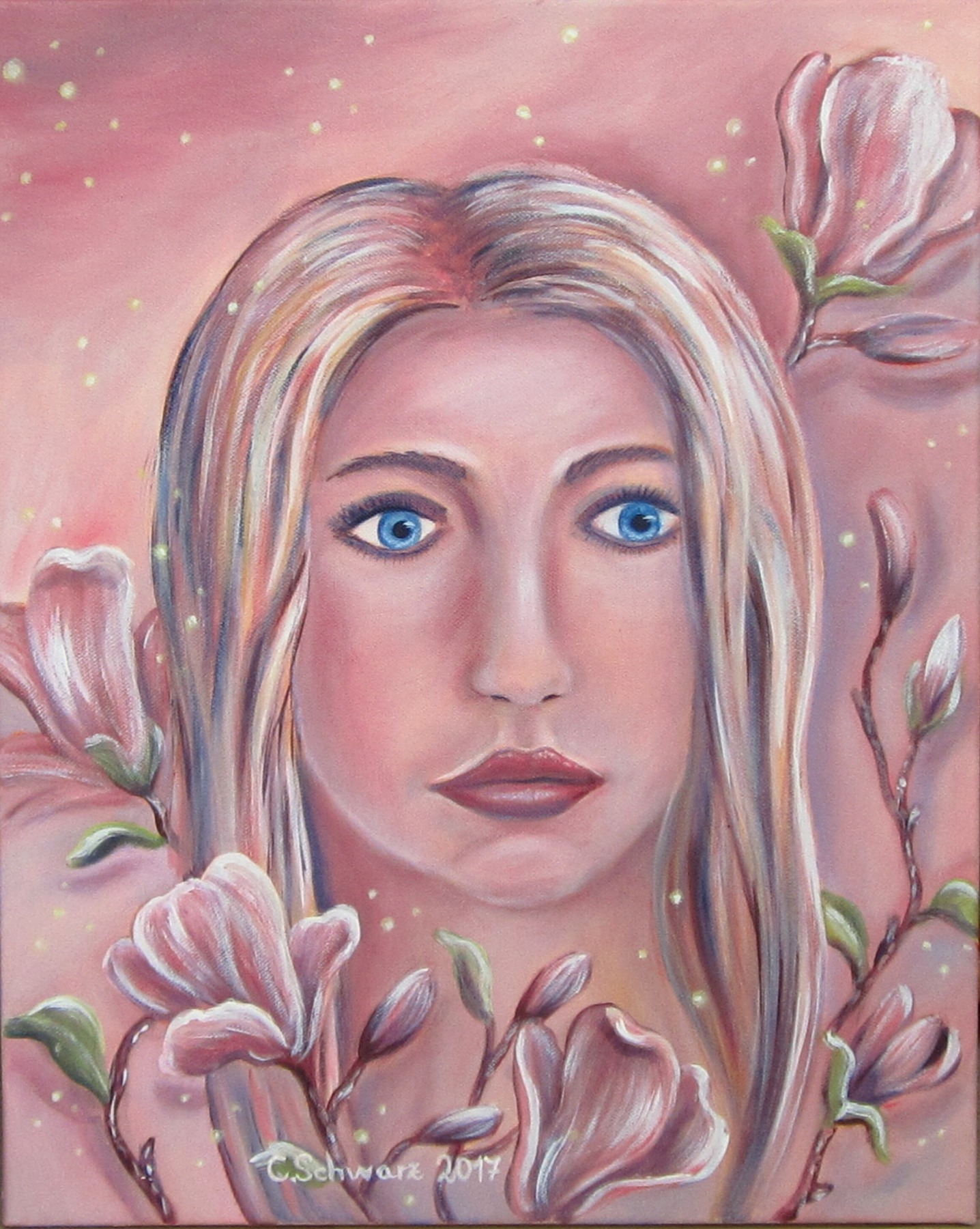 Magnolia Girl - künstlerische Frauenportrait mit Magnolienblüten, Kunst Bild Unikat Original