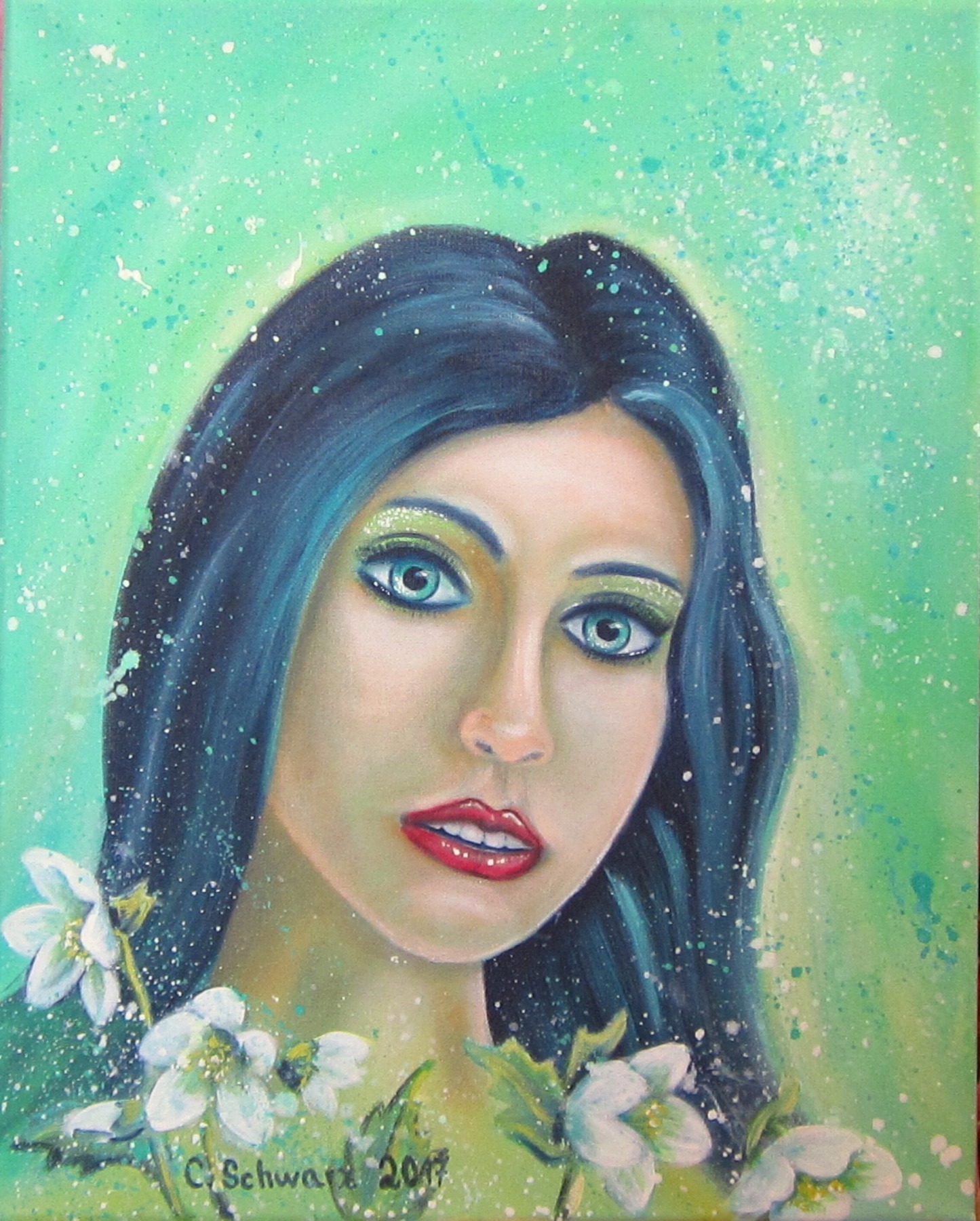 Acrylgemälde HELLEBORUS GIRL - künstlerisches Frauenportrait mit Christrosenblüten auf Leinwand