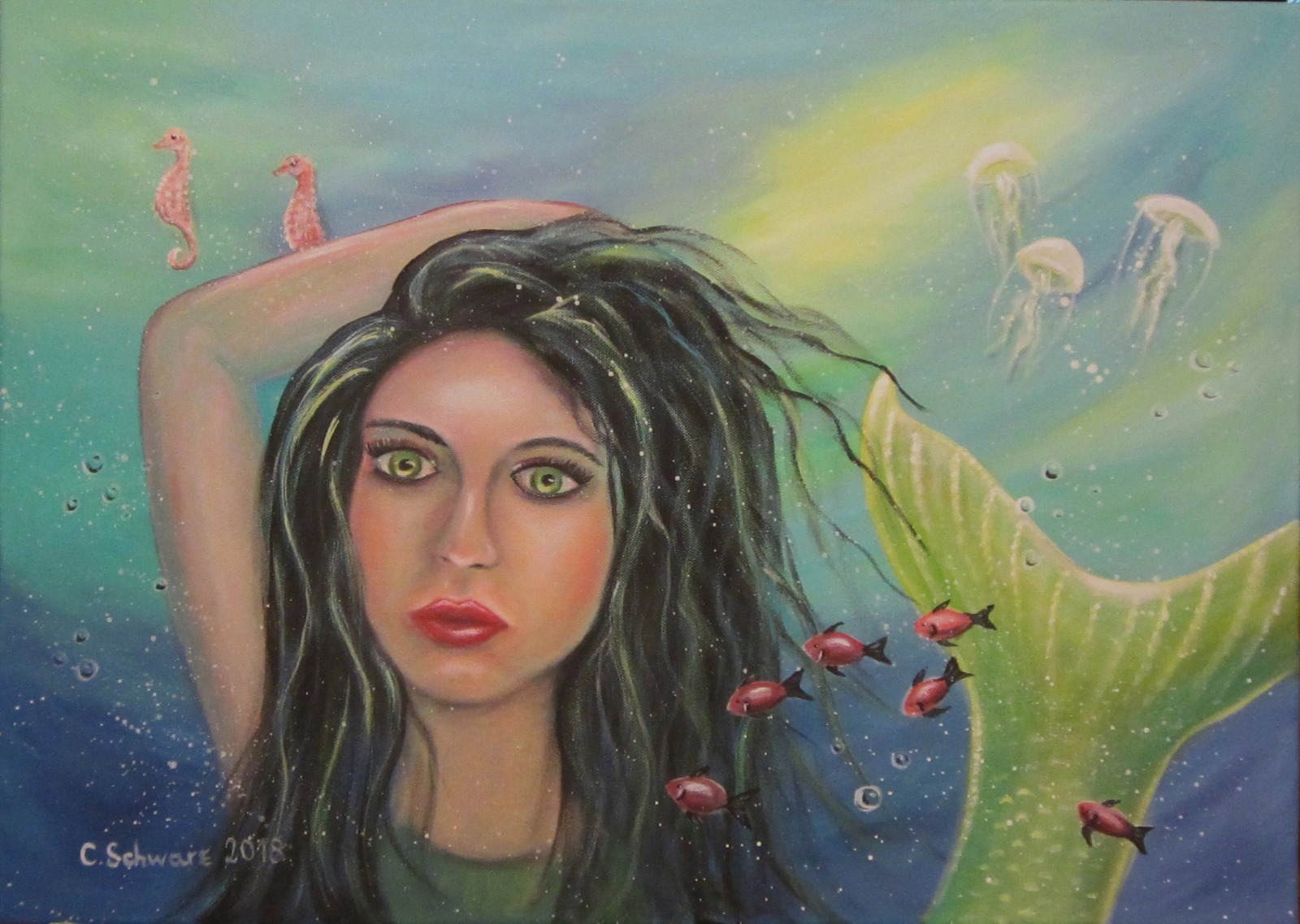 Pretty Mermaid- surrealistisches Meerjungfrauenbild Unikat Original Portrait Acryl Dekobild