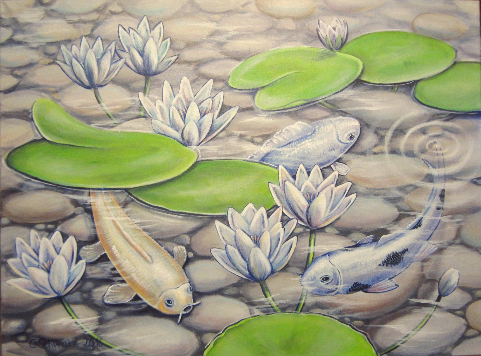 Acrylgemälde Schimmernde Koi - Fische Kunst Bild Weiss Teich Acryl Original Malerei 80cmx60cm 2