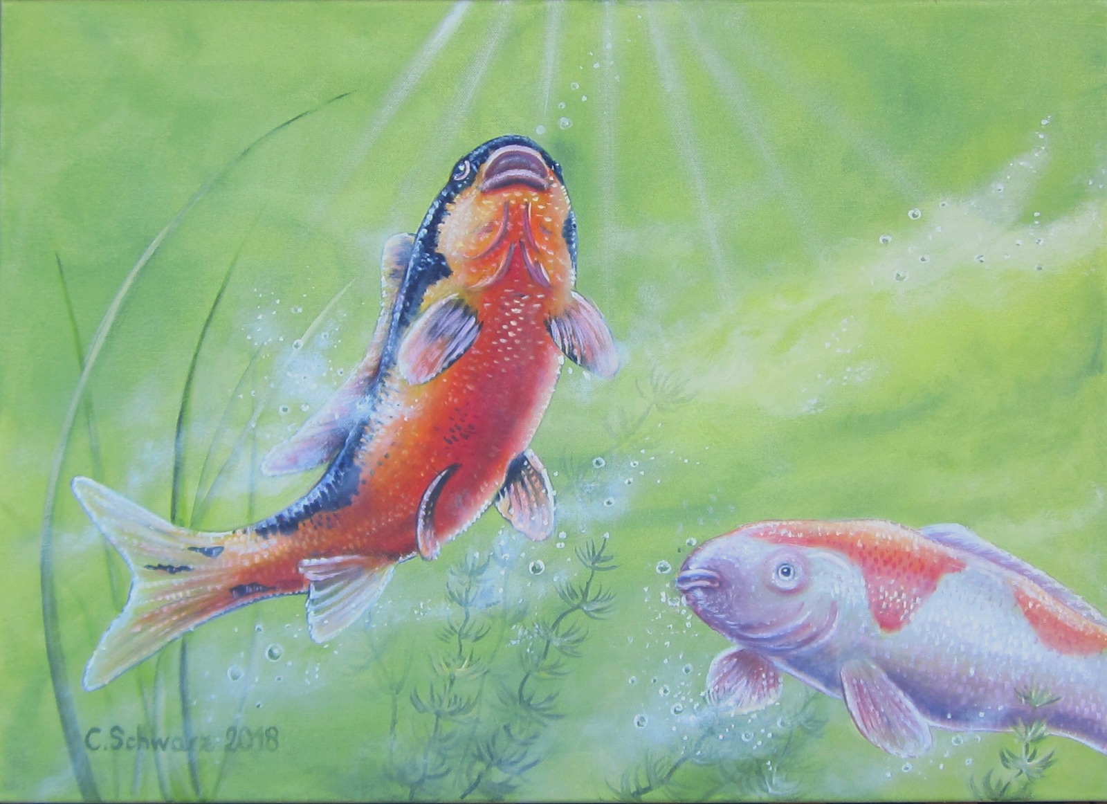 Kois Im Grünen Teich - Kunst Bild Acryl Original Fische gemalt Natur Deko 70cmx50cm - Acrylmalerei