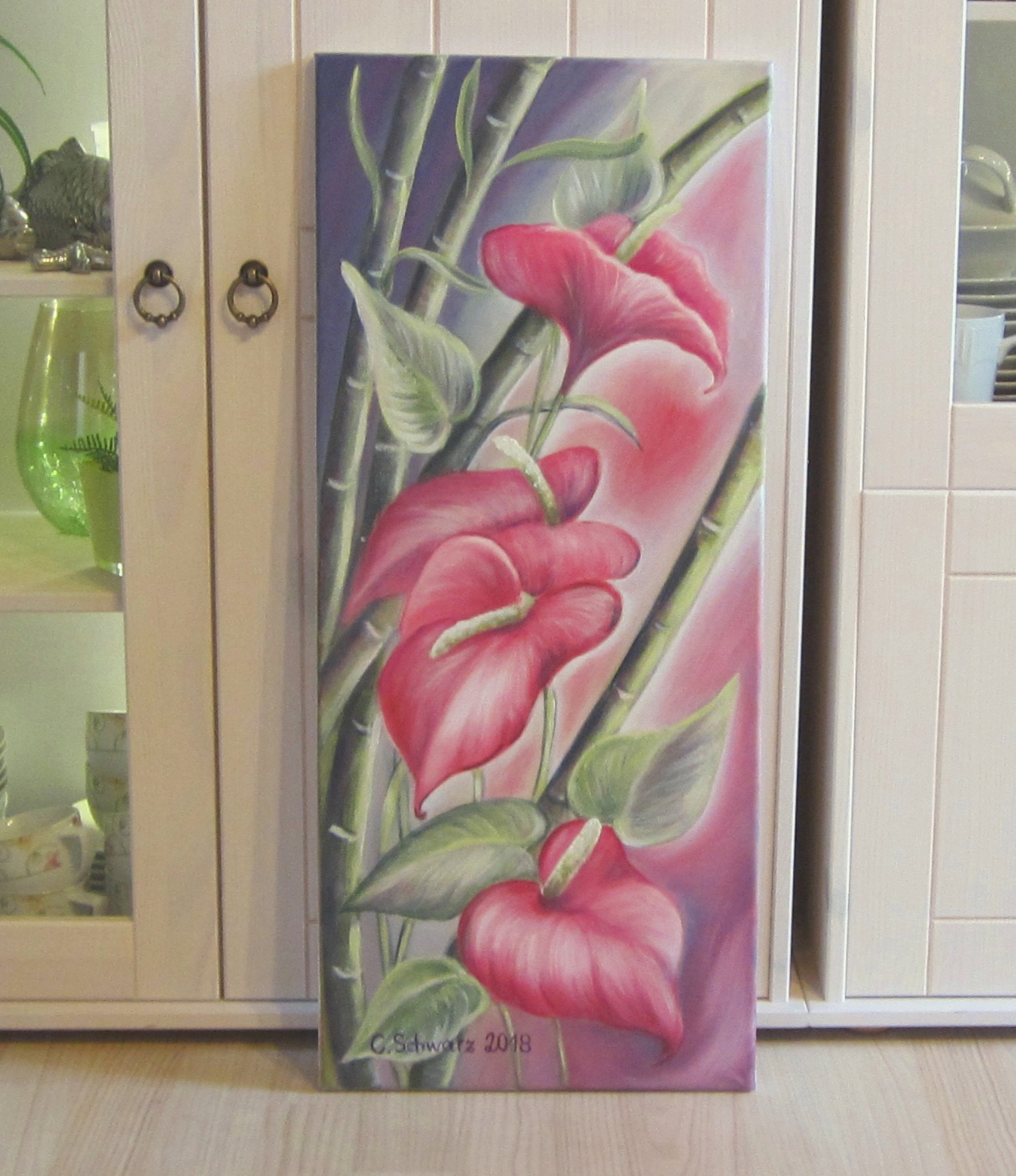 Exotische Flamingoblume - Kunst Anthurie Bild Deko Leinwand Kunstwerk Blume gemalt 30cmx70cm -