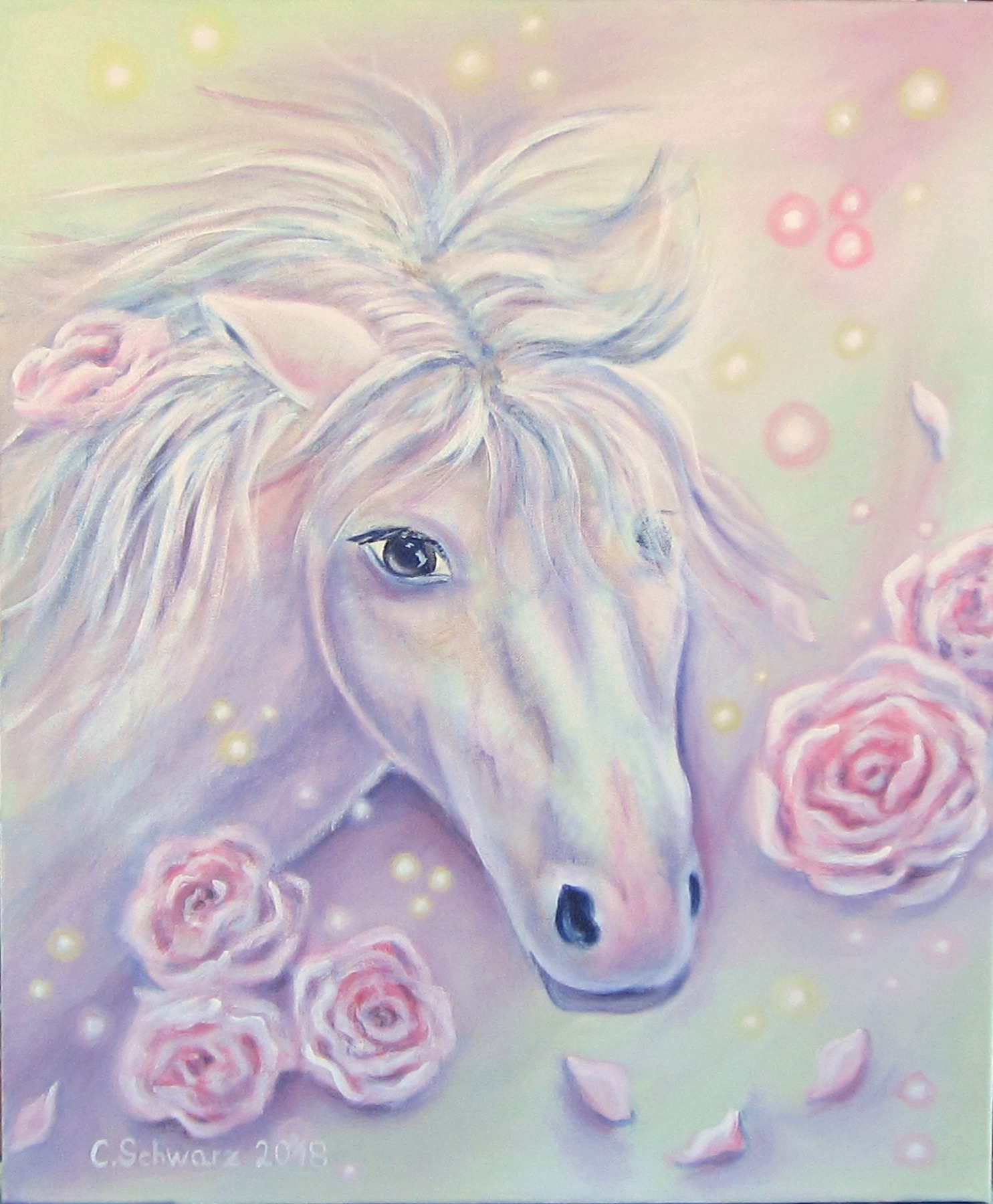 Magic Horse - Pferd Kunst Bild Gemalt Acryl Rosen Malerei Original 50cmx60cm 2