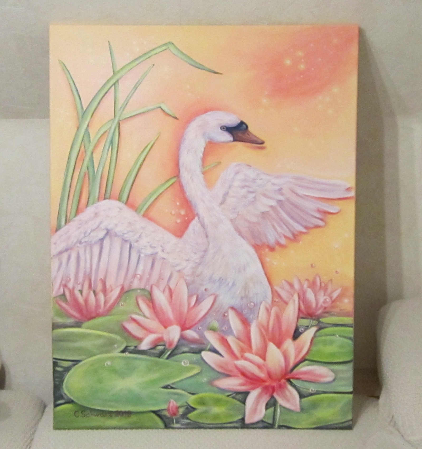 Acrylgemälde Magie - Schwan Gemalt Kunst Original Seerosen 60cmx80cm 2