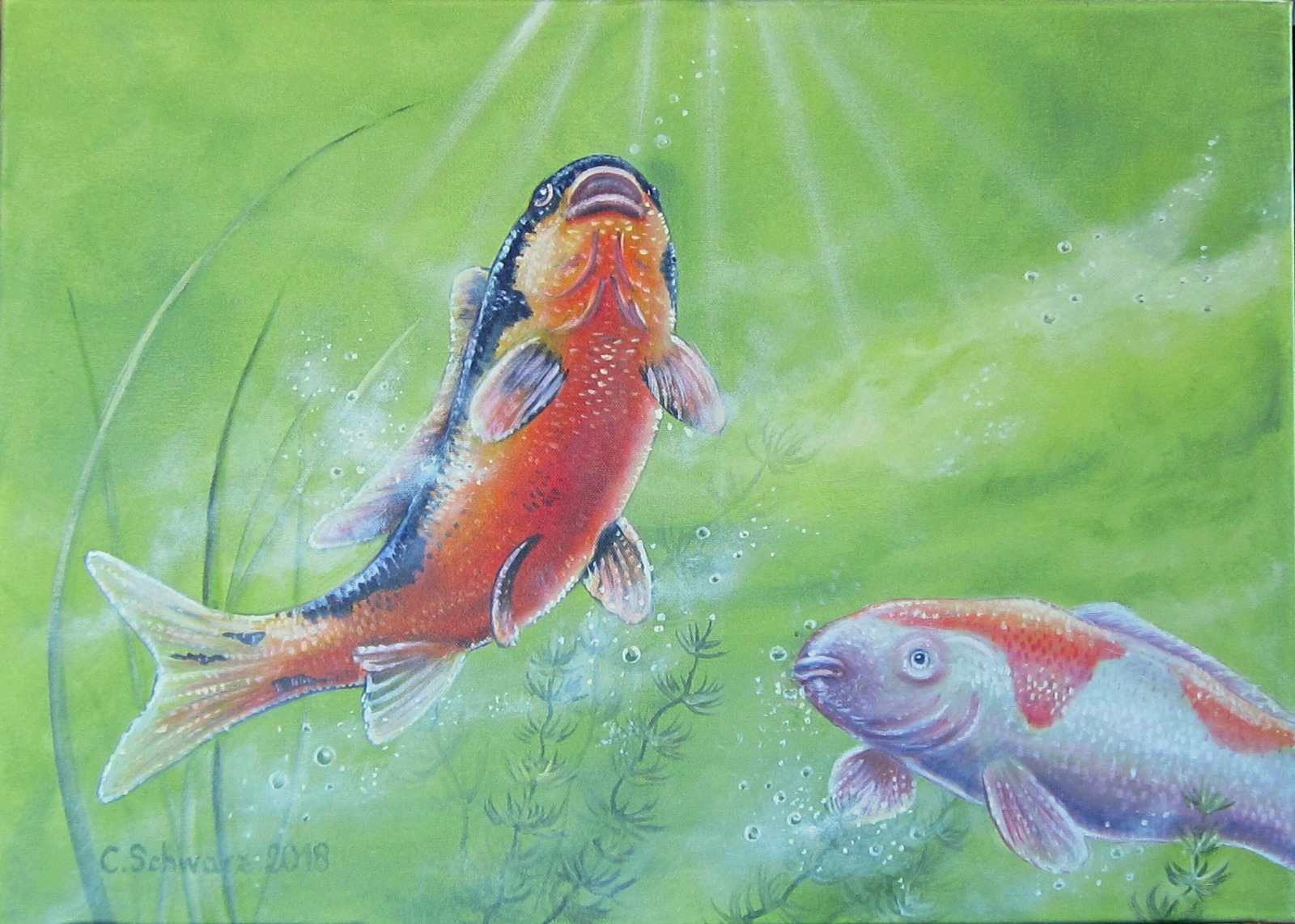 Kois Im Grünen Teich - Kunst Bild Acryl Original Fische gemalt Natur Deko 70cmx50cm - Acrylmalerei