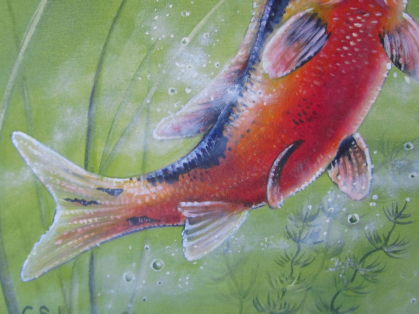 Kois Im Grünen Teich - Kunst Bild Acryl Original Fische gemalt Natur Deko 70cmx50cm - Acrylmalerei