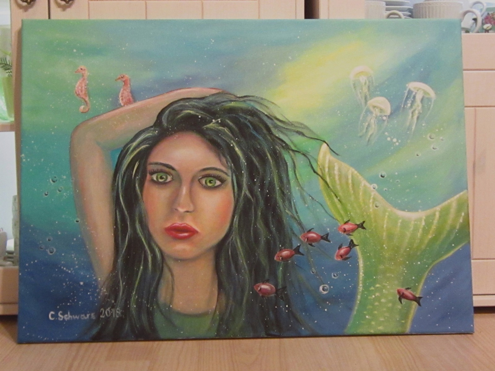 Pretty Mermaid- surrealistisches Meerjungfrauenbild Unikat Original Portrait Acryl Dekobild