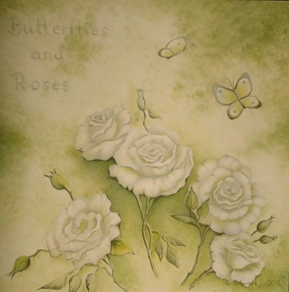 BUTTERFLIES AND ROSES - Acrylgemälde auf Leinwand - gemalte Schmetterlinge und Rosen in weiß-grün