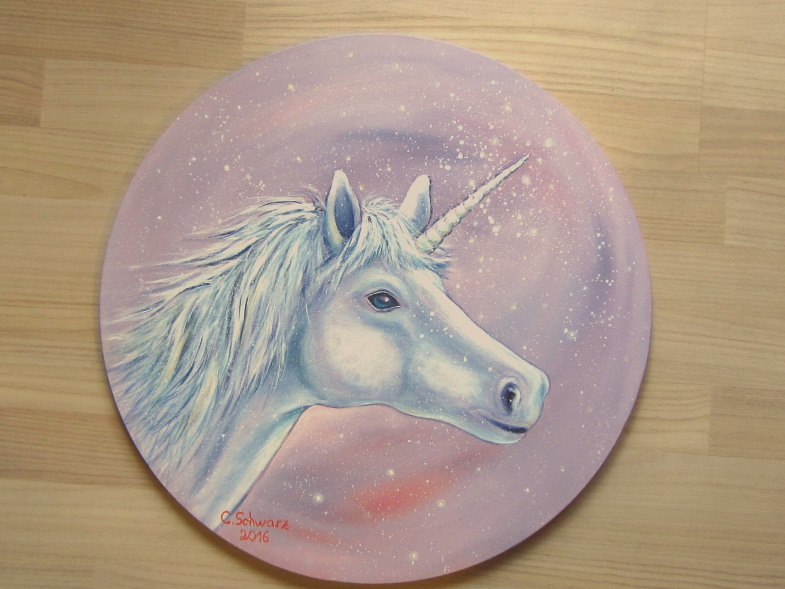 GEHEIMNISVOLLES EINHORN runde Leinwand Durchmesser 49cm - Kunst Fantasy Malerei