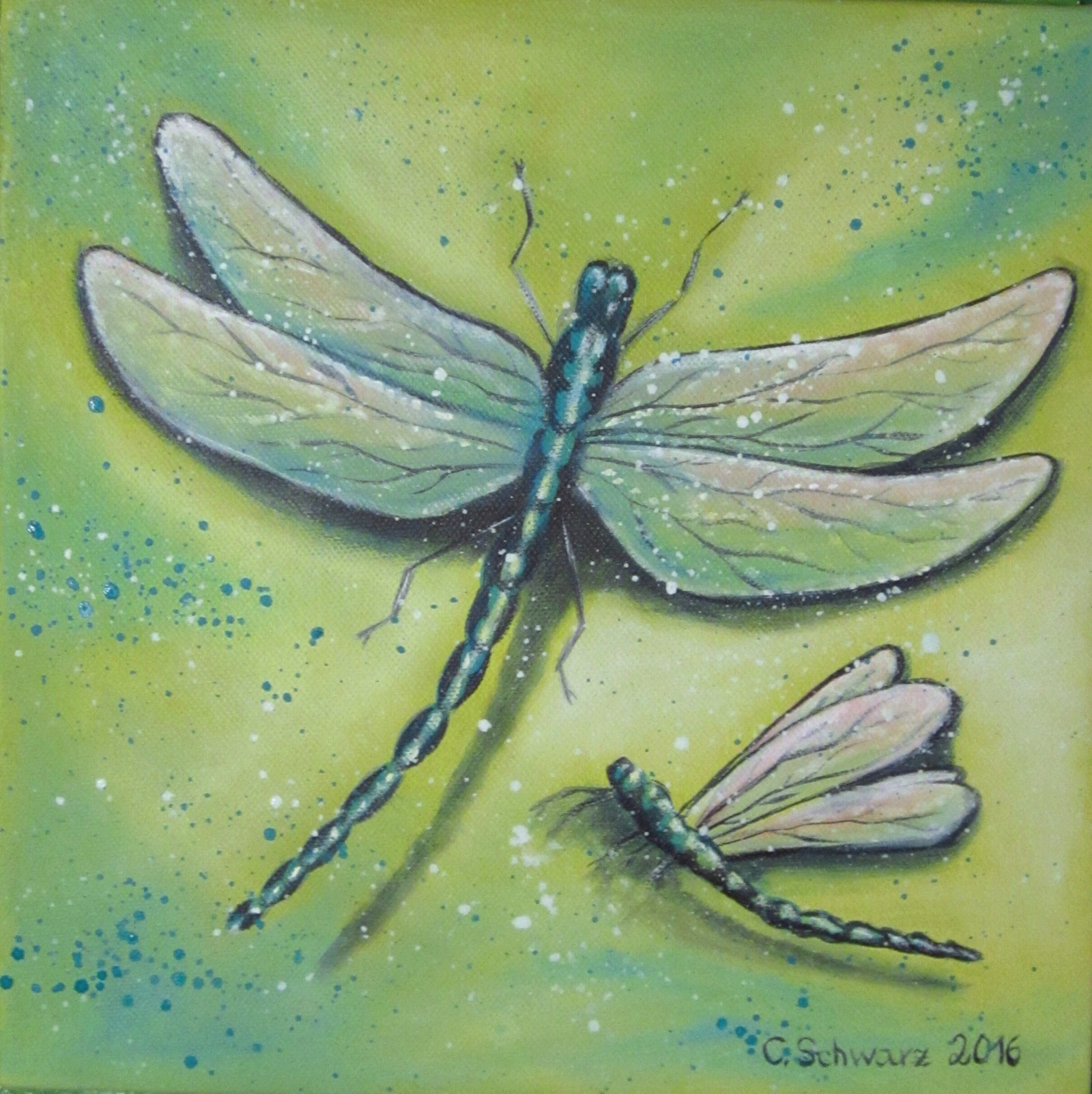 Acrylgemälde DRAGONFLIES - Kunst Leinwand Bild Geschenk Libellen gemalt 30cmx30cm Original Unikat