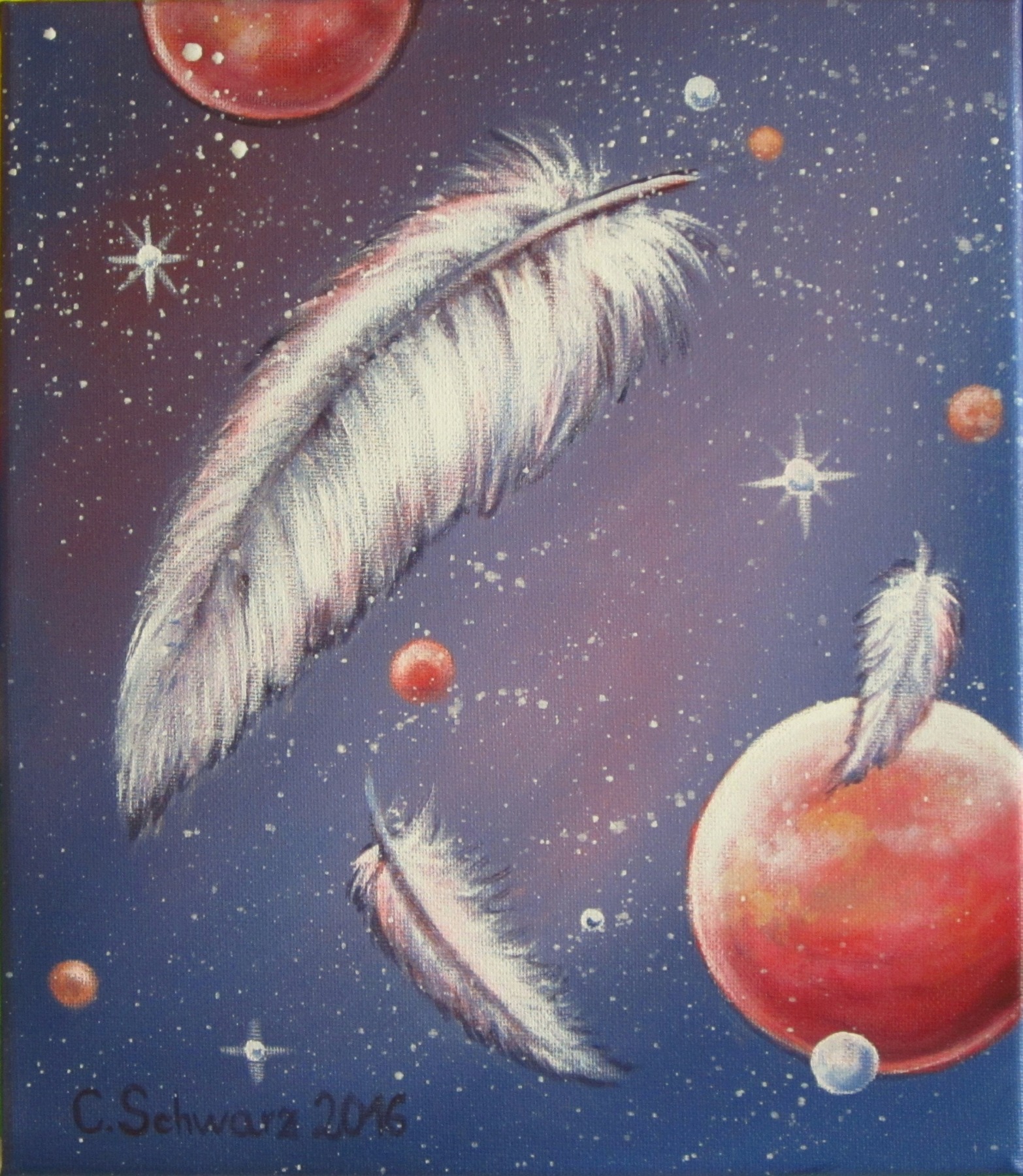 Acrylgemälde FEATHERS IN SPACE - Geschenk Bild Federn abstrakt Unikat 26cmx30cm 2