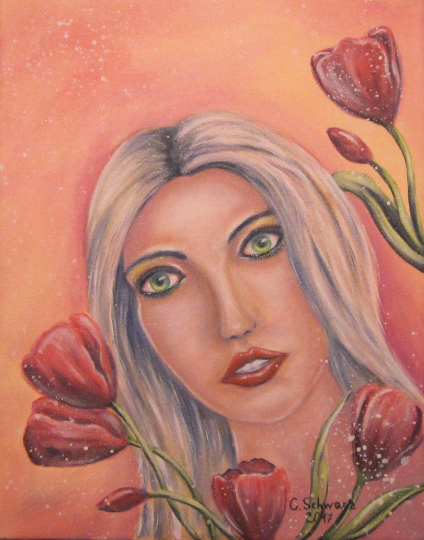 Acrylgemälde TULIP GIRL - künstlerisches Frauenportrait mit Tulpen auf Leinwand, handgemalt