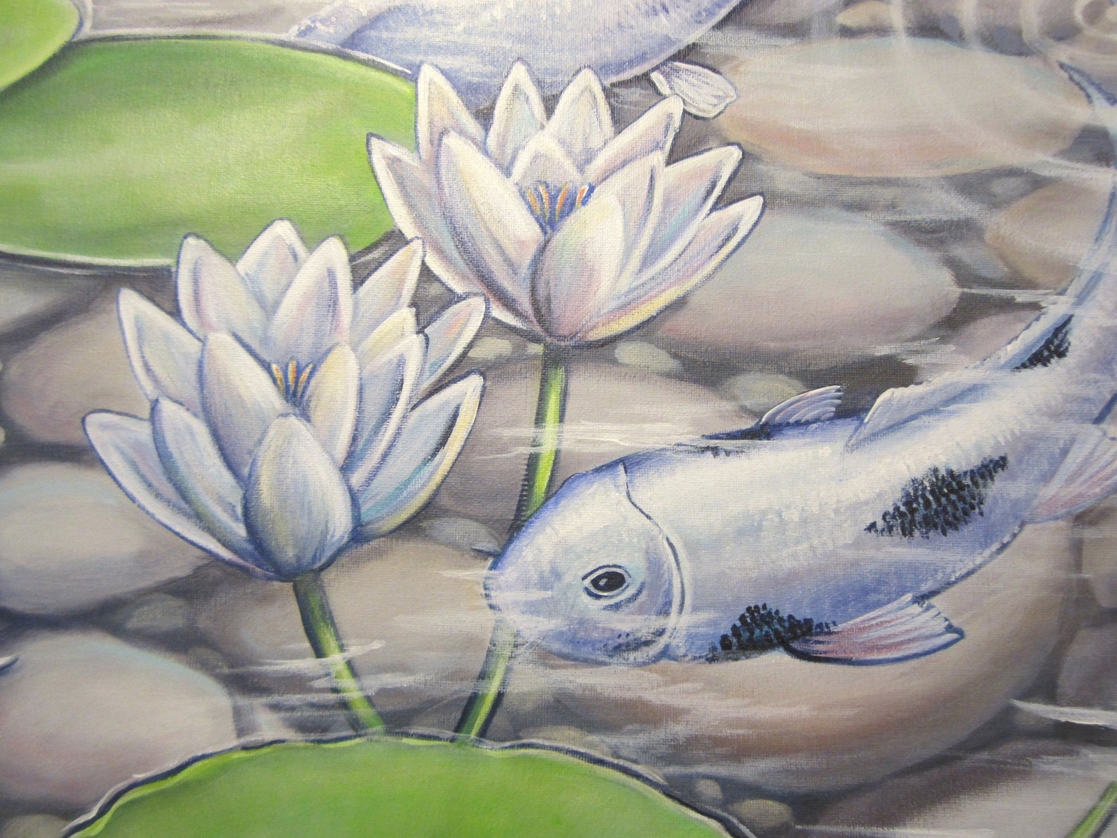 Acrylgemälde Schimmernde Koi - Fische Kunst Bild Weiss Teich Acryl Original Malerei 80cmx60cm 4