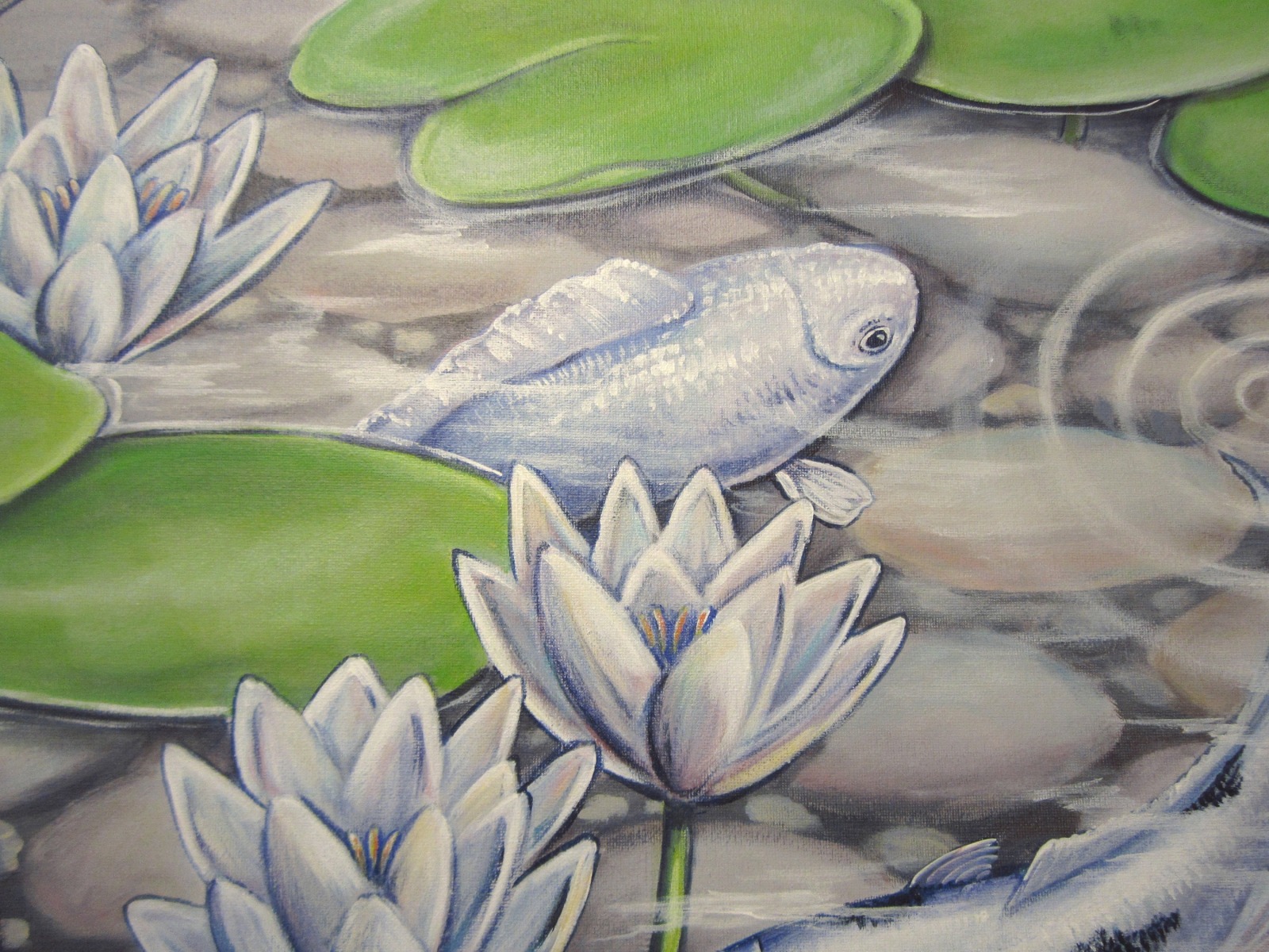 Acrylgemälde Schimmernde Koi - Fische Kunst Bild Weiss Teich Acryl Original Malerei 80cmx60cm 5