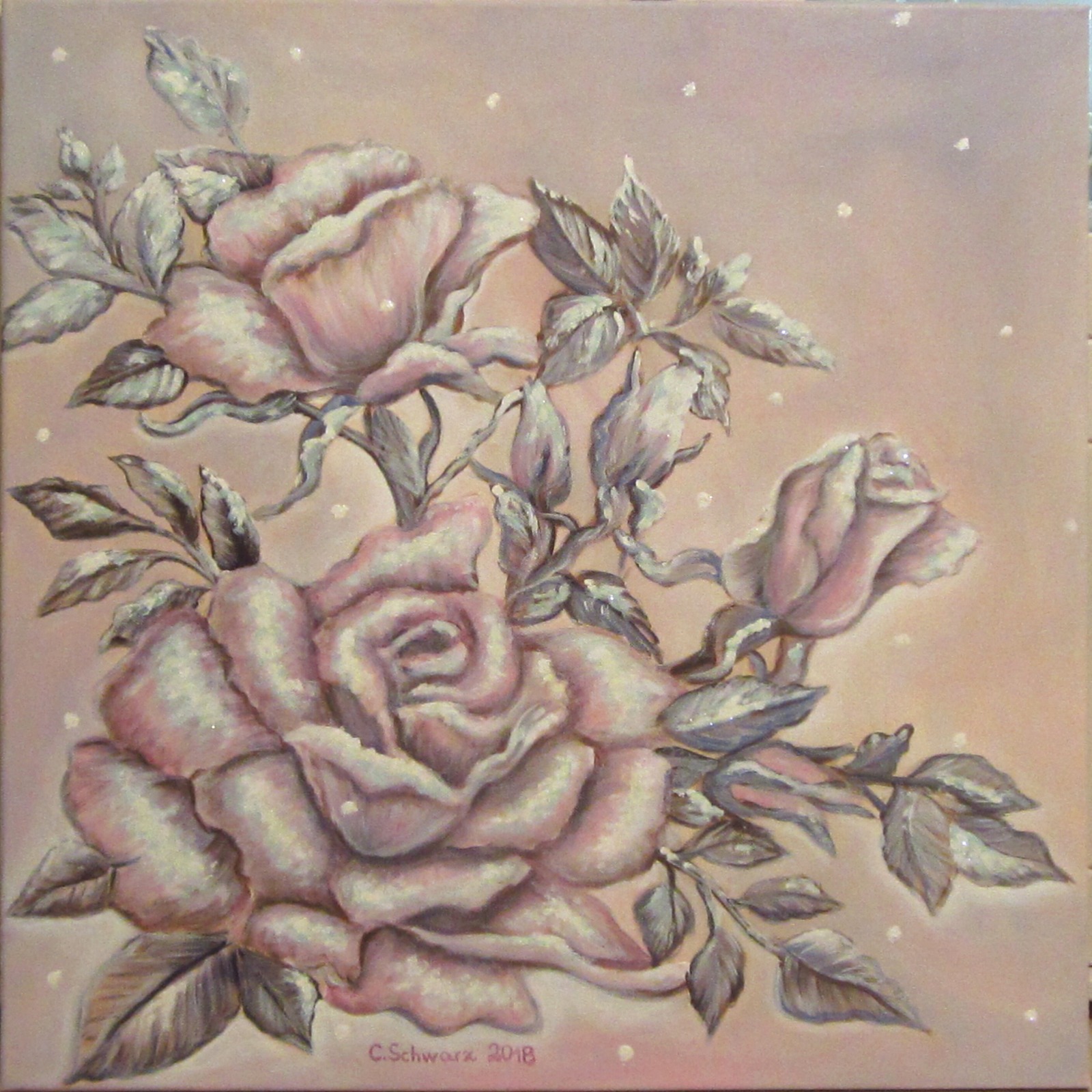 Acrylgemälde WINTERROSE - Rose Blume Kunst Malerei Blüten Rosenbild beglittert 60cmx60cm -