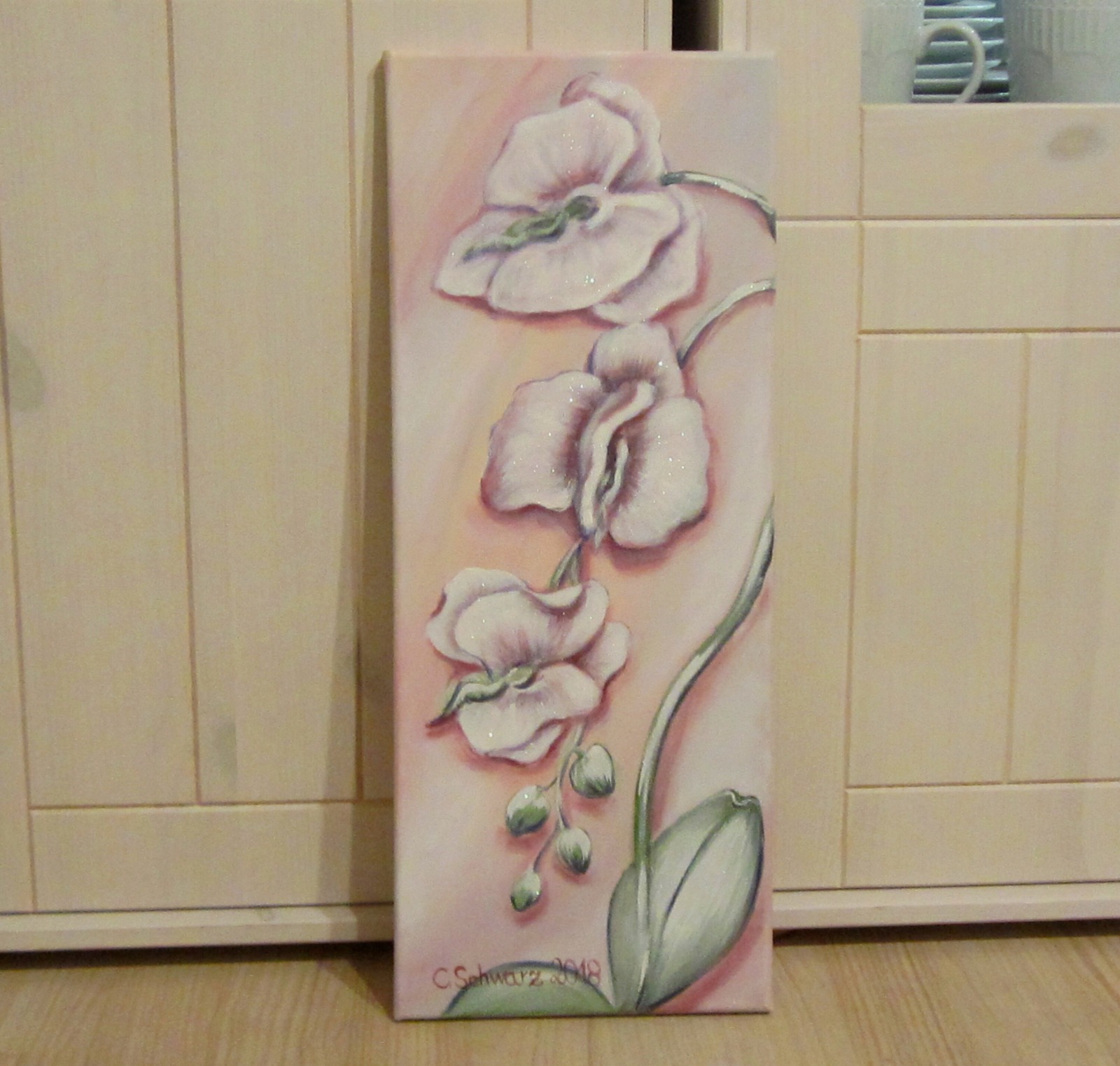 WINTER ORCHIDEE 20cm x 50cm beglittert -Kunst Blumenbild handgemalt Winterbild - Künstlerin