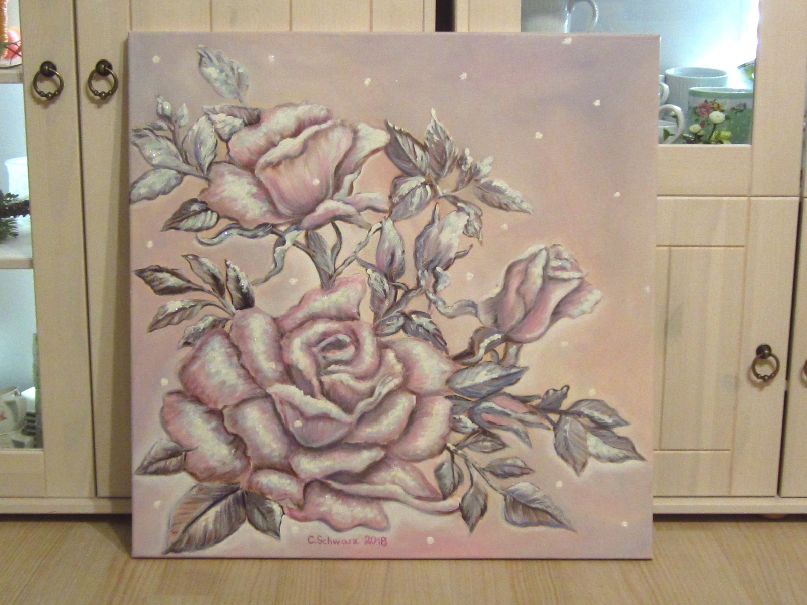 Acrylgemälde WINTERROSE - Rose Blume Kunst Malerei Blüten Rosenbild beglittert 60cmx60cm -