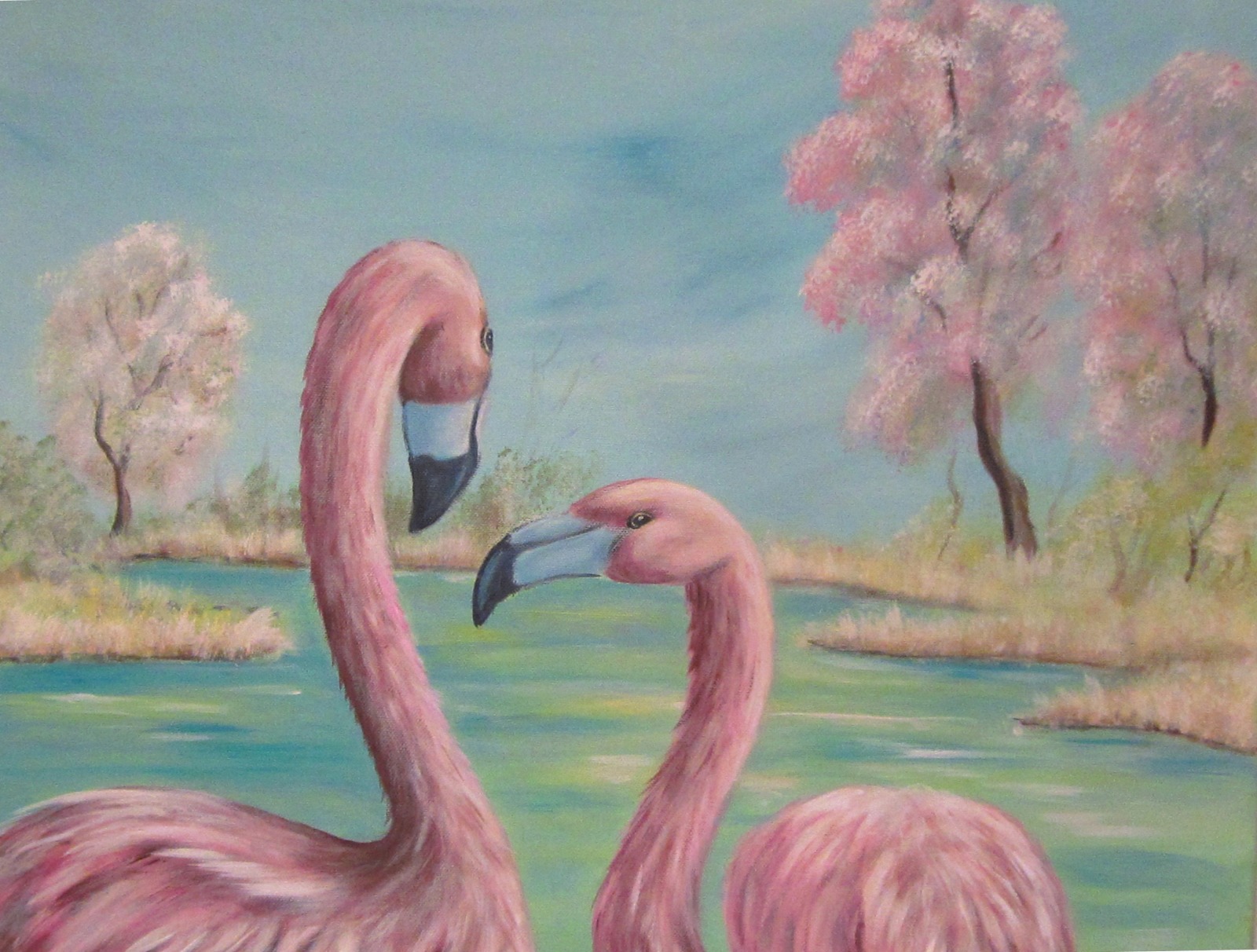 Original Acrylbild Flamingos im Frühling - Kunst Bild Vögel gemalt Vogelmalerei Leinwandbild