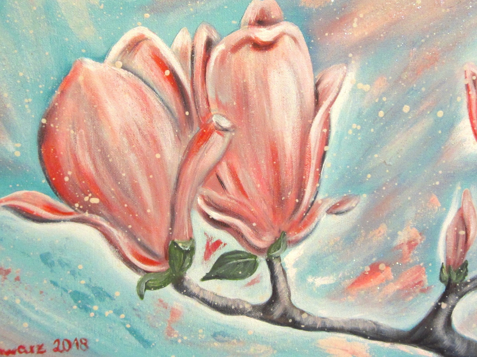 FRÜHLINGSTRAUM Leinwandbild 70cm x 30cm, mit irisierendem Glitter - gemalte Magnolie in Acryl 3