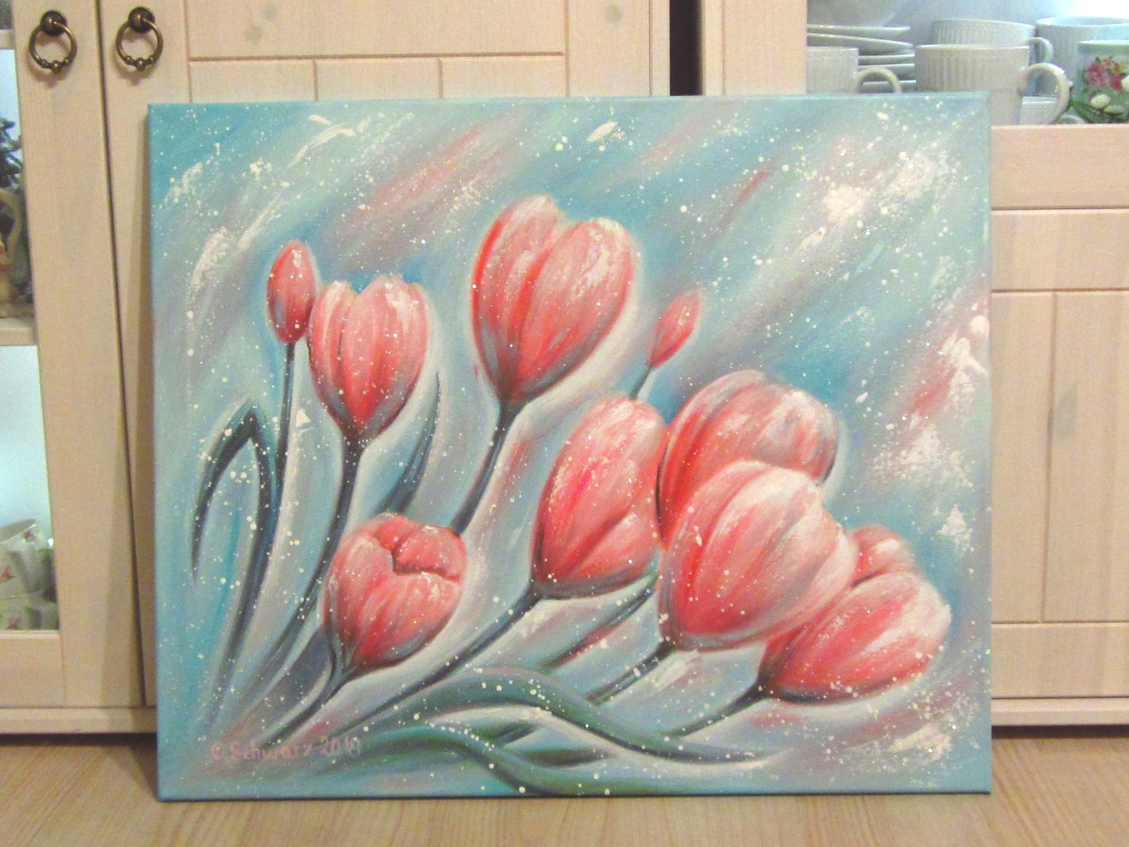 TULPENTRAUM Leinwandbild 60cm x 50cm, mit irisierendem Glitter - gemalte Tulpen in Acryl 3