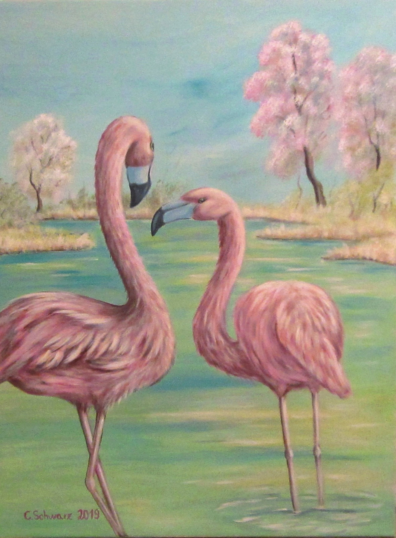 Original Acrylbild Flamingos im Frühling - Kunst Bild Vögel gemalt Vogelmalerei Leinwandbild