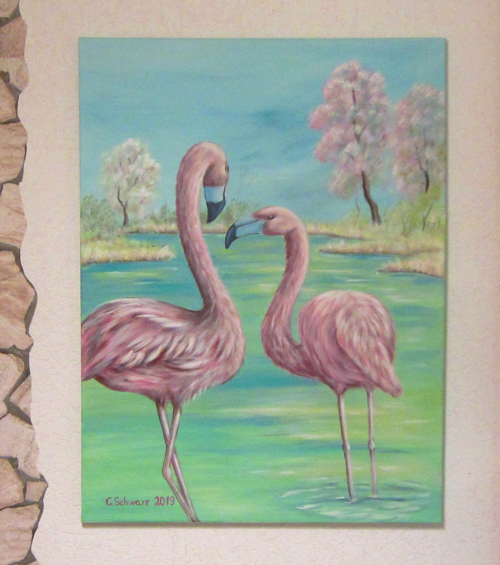 Original Acrylbild Flamingos im Frühling - Kunst Bild Vögel gemalt Vogelmalerei Leinwandbild