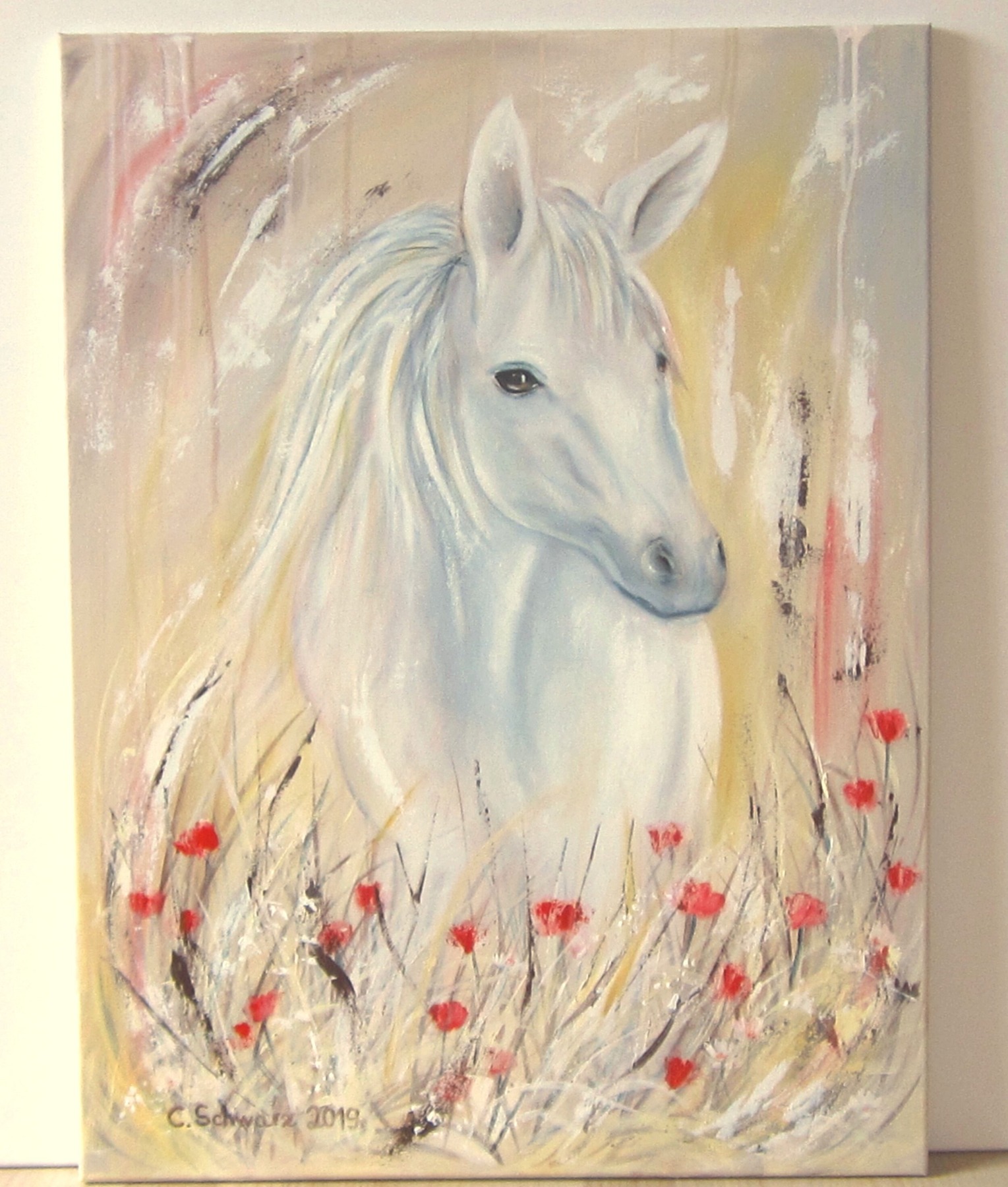 PFERD IM KORNFELD abstraktes Leinwandbild 60cmx80cm, moderne Kunst, Mohnblumen Pferdebild