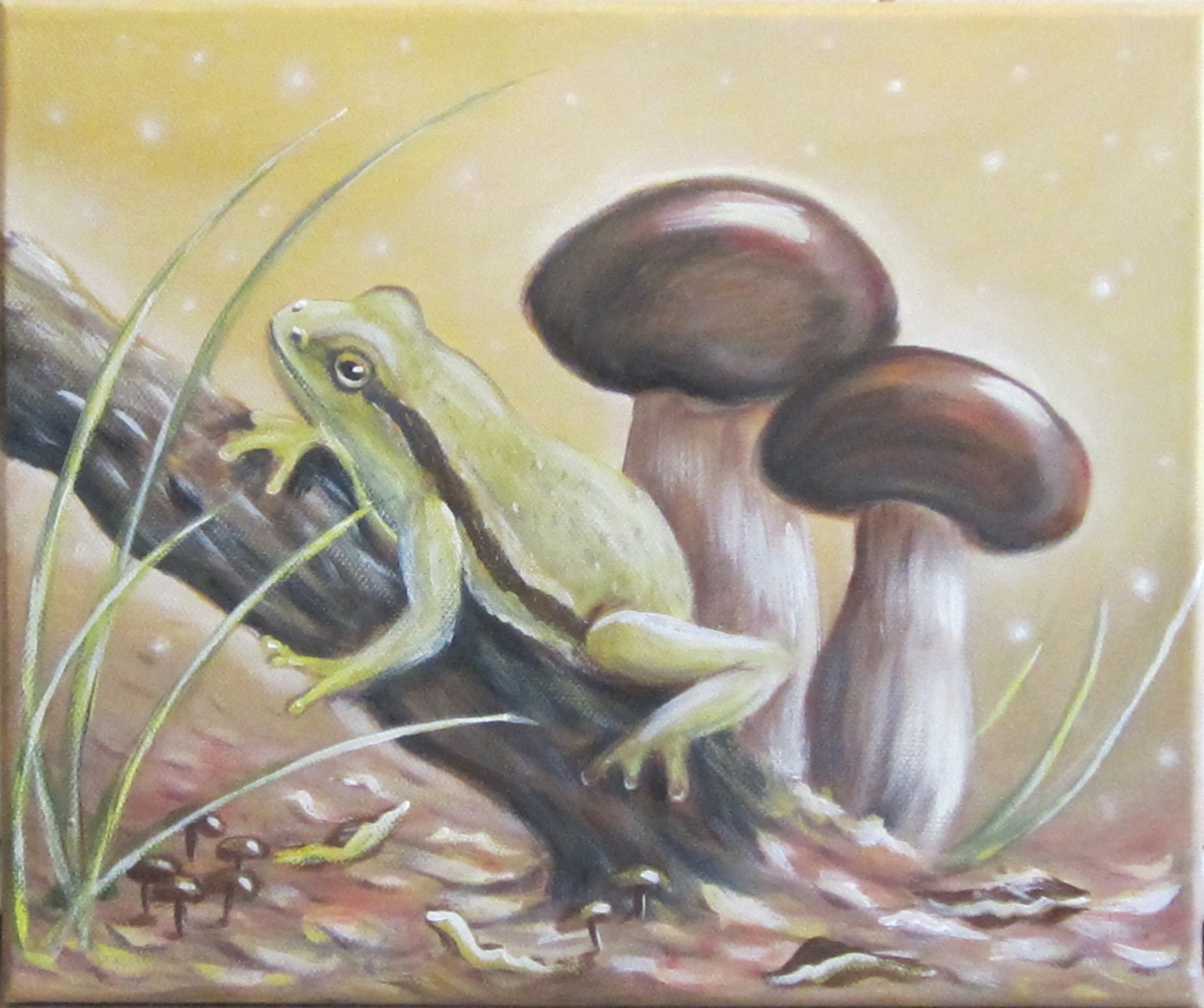 Acrylgemälde Laubfrosch bei den Steinpilzen - Acrylgemälde auf Leinwand - Frosch im Wald auf Holz