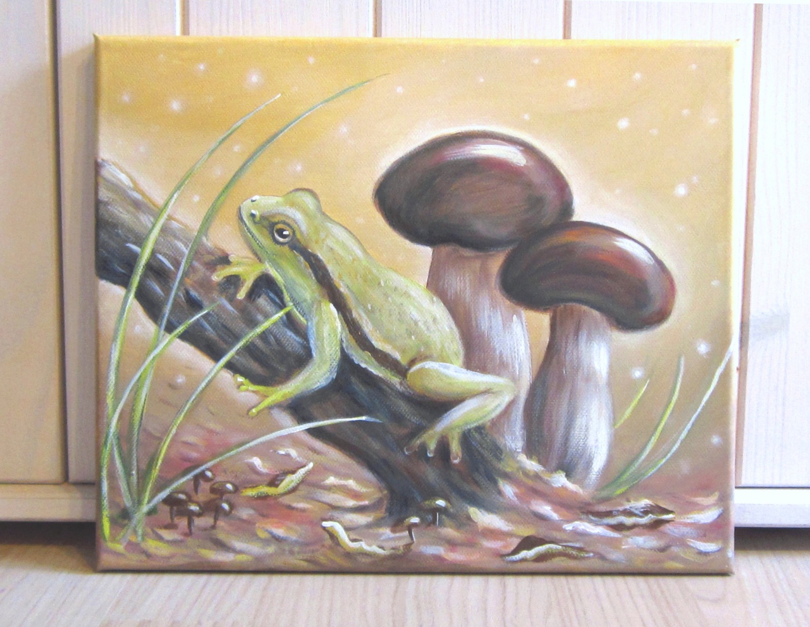 Acrylgemälde Laubfrosch bei den Steinpilzen - Acrylgemälde auf Leinwand - Frosch im Wald auf Holz