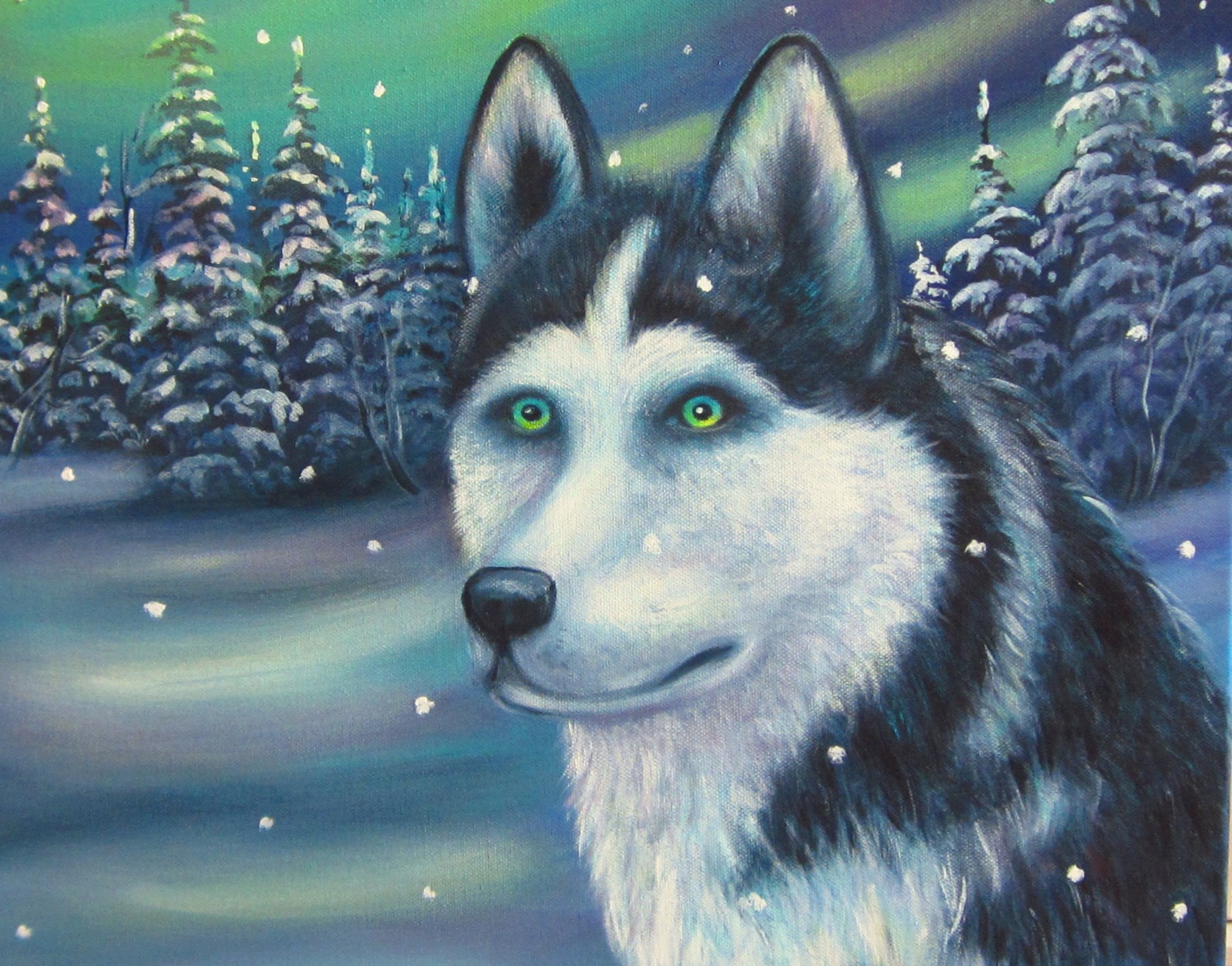 HUSKY IM NORDLICHT 50cmx70cm - gemalte Winterlandschaft mit verschneiten Tannen und Sibirischem